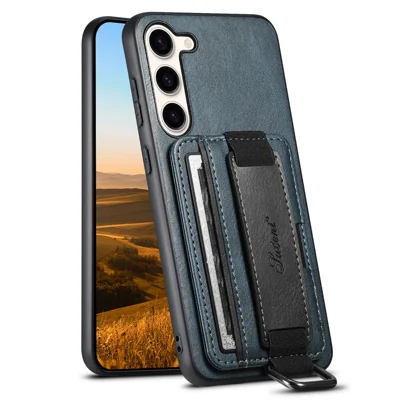 SUTENI H13 Kickstand Back Case für Samsung Galaxy S23 mit Handschlaufe, Kartenfach Leder beschichteter PC+TPU Telefonhülle - Blau