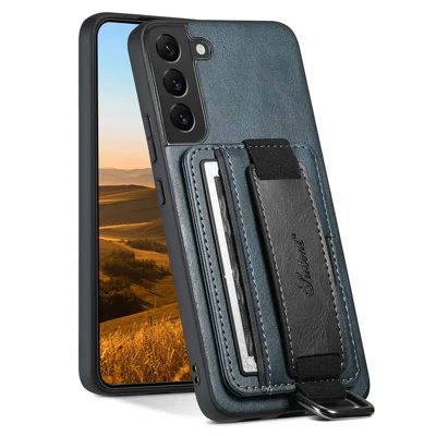 SUTENI H13 For Samsung Galaxy S22 5G Card Holder Leather Coated PC+TPU Case with Hand Strap Kickstand Phone Cover - Blue