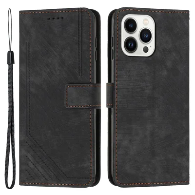 For iPhone 13 Pro Leather Stand Wallet Phone Case Skin-touch Lines Imprinted Phone Cover - Black