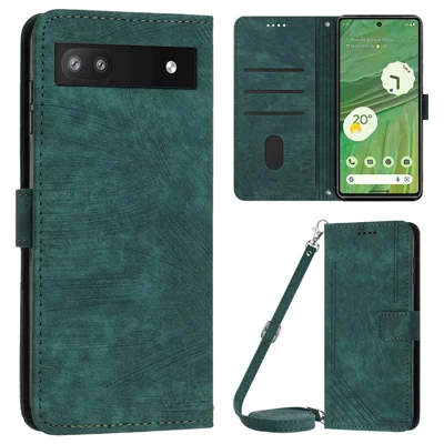 For Google Pixel 7a PU Leather Skin-touch Protective Cover Lines Imprint Wallet Stand Phone Case with 2 Straps - Green