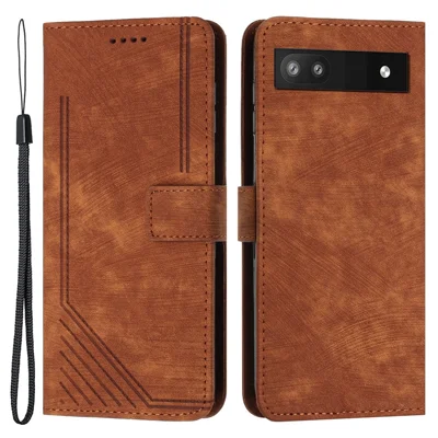 For Google Pixel 7a PU Leather Lines Imprinted Phone Case Wallet Stand Magnetic Flip Cover - Brown