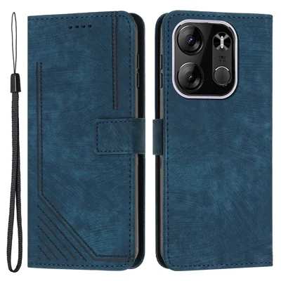 For TECNO Spark Go 2023 4G / Pop 7 Pro 4G / Infinix Smart 7 4G X6515 Leather Case Wallet Lines Imprinted Stand Cover - Sapphire