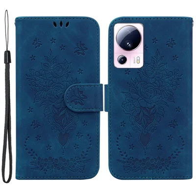 Für Xiaomi 13 Lite / Civi 2 5G PU-Leder-Brieftaschen-Handyhülle mit Rose-Schmetterling-Muster - Blau