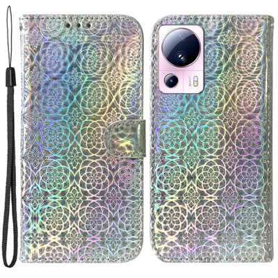 Für Xiaomi 13 Lite / Civi 2 5G PU-Leder-Geldbörsen-Handyhülle mit glitzerndem Blumenmuster, Klapptasche, Ständer und Stoßschutz - Grau