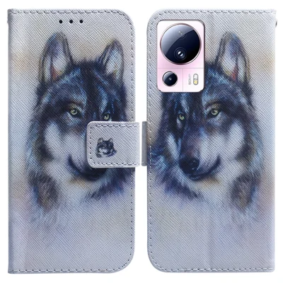 Für Xiaomi 13 Lite / Civi 2 5G PU-Leder-Cover-Wallet-Stand-Muster-Druck-Handyhülle - Wolf