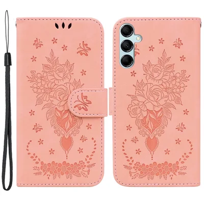 Custodia Wallet in Pelle con Supporto per Samsung Galaxy M14 5G, Custodia per Telefono con Farfalle Impresse - Rosa