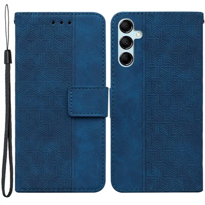Per Samsung Galaxy M14 5G Custodia Telefonica in Pelle PU Portafoglio Stand Motivo Geometrico Impresso - Blu