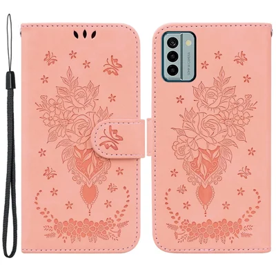 For Nokia G22 Smartphone Cover Phone Stand Case Rose Butterfly Imprinted PU Leather Wallet Phone Shell - Pink