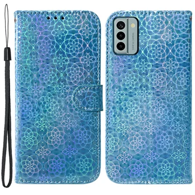 For Nokia G22 Stand Phone Case PU Leather Dazzling Flower Pattern Phone Wallet Cover - Blue