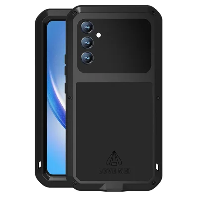 LOVE MEI Para Samsung Galaxy A34 5G Funda de teléfono a prueba de golpes de silicona + metal con protector de pantalla de vidrio templado incorporado - Negro