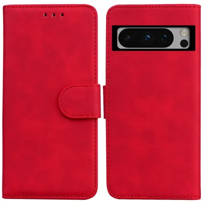 Phone Case for Google Pixel 8 Pro Solid Color PU Leather Shockproof Wallet Stand Cell Phone Cover - Red