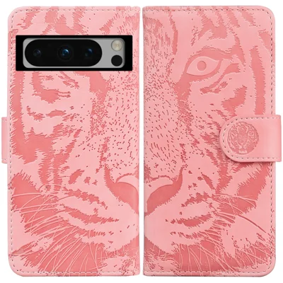 Wallet Stand Shell for Google Pixel 8 Pro Tiger Imprinted PU Leather Case Phone Cover - Pink