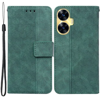 For Realme C55 4G Wallet Stand Phone Case PU Leather Geometry Pattern Imprinted Cover - Green