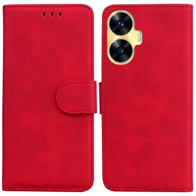For Realme C55 Solid Color PU Leather Phone Case Shockproof Wallet Stand Cell Phone Cover - Red