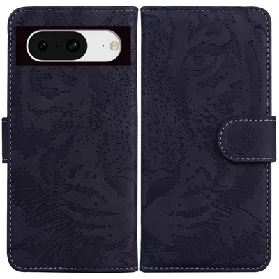 For Google Pixel 8 Wallet Stand Shell Tiger Imprinted PU Leather Case Anti-fall Phone Cover - Black