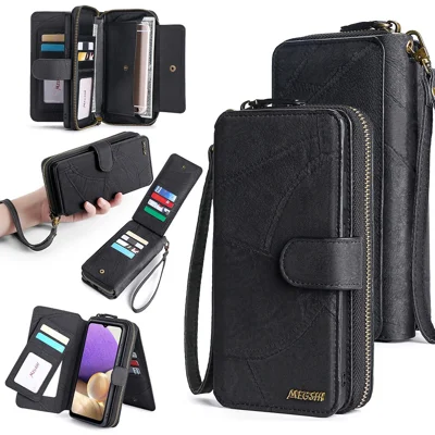 MEGSHI 004 Series Wallet Case for Samsung Galaxy A52 4G / 5G / A52s 5G , PU Leather Zipper Detachable Stand Phone Cover - Black