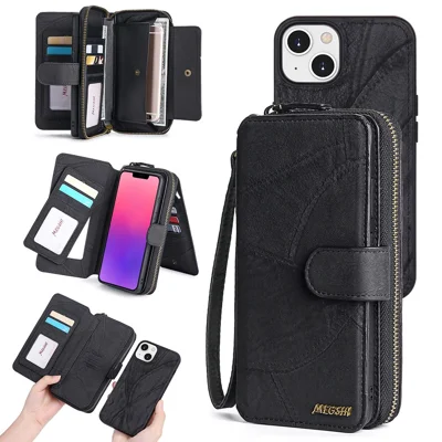 MEGSHI 004 Series Detachable Zipper Wallet Leather Case for iPhone 14 Anti-drop Stand Phone Cover - Black