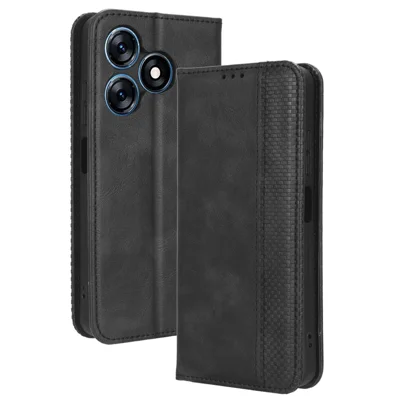 For TECNO Spark 10 4G PU Leather Vintage Phone Case Wallet Stand Folio Protective Cover - Black