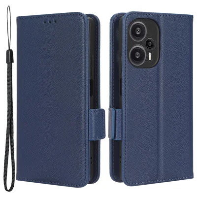 Voor Xiaomi Redmi Note 12 Turbo 5G / Poco F5 5G PU Leren Portemonnee Hoese Litchi Structuur Steun Telefoonhoesje met Riempje - Donkerblauw