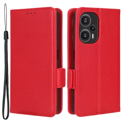 Funda tipo cartera de cuero PU para Xiaomi Redmi Note 12 Turbo 5G / Poco F5 5G, textura de litchi, con soporte y correa - Rojo