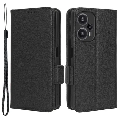 For Xiaomi Redmi Note 12 Turbo 5G / Poco F5 5G PU Leather Wallet Case Litchi Texture Stand Phone Cover with Strap - Black