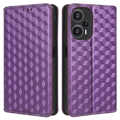 Capa de Telemóvel em Pele Sintética para Xiaomi Redmi Note 12 Turbo 5G / Poco F5 5G, com Estampa de Losango, Capa Carteira com Suporte Basculante - Roxo