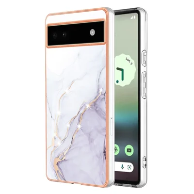 For Google Pixel 6a TPU Case with IMD Marble Pattern Electroplated Back Cover - White 006