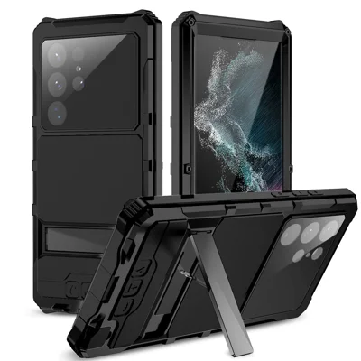R-JUST For Samsung Galaxy S22 Ultra 5G Waterproof Drop-Proof Case Kickstand Back Cover with Tempered Glass - Black
