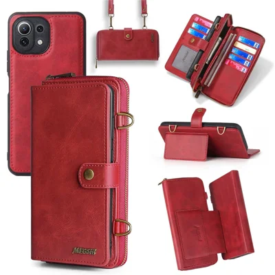 MEGSHI 020 Series for Xiaomi Mi 11 Lite 4G / 5G / 11 Lite 5G NE Detachable 2-in-1 Wallet PU Leather+PC+TPU Phone Case Stand Cover - Red