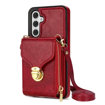 For Samsung Galaxy A14 4G / 5G Kickstand Zipper Card Holder Phone Case PU Leather Coated TPU Back Cover - Red