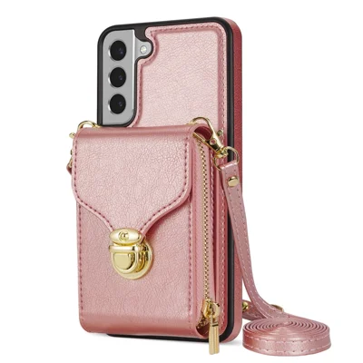 For Samsung Galaxy S22+ 5G PU Leather Coated TPU Cell Phone Case Zipper Card Holder Kickstand Phone Bag Cover - Rose Gold