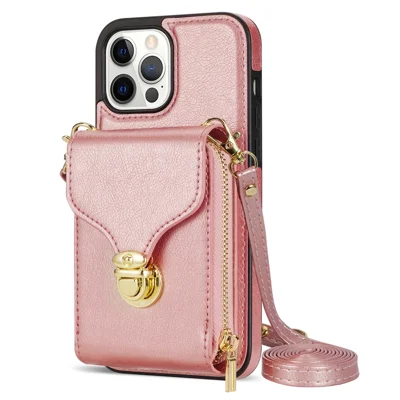 For iPhone 13 Pro Max 6.7 inch Zipper Phone Case PU Leather Coated TPU Kickstand Card Slot Cover - Rose Gold