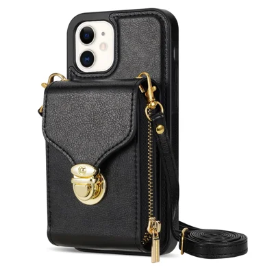 Zipper Phone Cover for iPhone 12 / 12 Pro 6.1 inch , PU Leather Coated TPU Card Holder Kickstand Case - Black