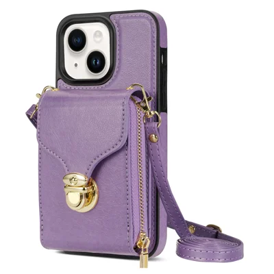 Voor iPhone 13 6,1 inch PU-leer bekleed TPU hoesje met kaartsleuf, standaard, rits en lang koord - Paars