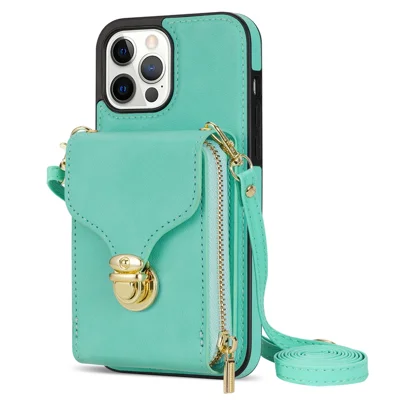 For iPhone 13 Pro 6.1 inch PU Leather + TPU Back Case Zipper Card Holder Kickstand Phone Cover with Shoulder Strap - Mint Green