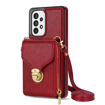 Crossbody Phone Case for Samsung Galaxy A52 4G / 5G / A52s 5G , PU Leather + TPU Zipper Card Holder Kickstand Cover - Red