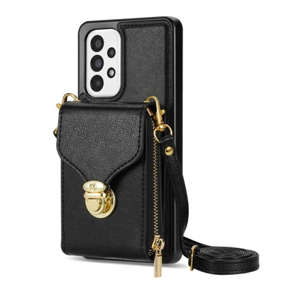 For Samsung Galaxy A53 5G Crossbody Zipper Case PU Leather + TPU Card Holder Kickstand Phone Cover - Black