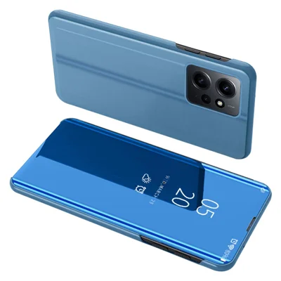 Læderetui til Xiaomi Redmi Note 12 4G Standetui med gennemsigtigt vindue, spejleffekt, elektropladeret telefondæksel - Blå