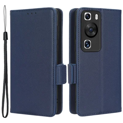 För Huawei P60 / P60 Pro Litchi-Struktur PU-Läder Väska Skyddsfodral Ställfodral Mobilhölse med Rem - Mörkblå