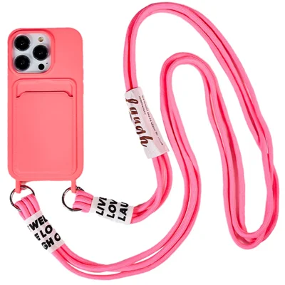 Protective Cover for iPhone 13 Pro 6.1 inch Case Anti-Fall Liquid Silicone Phone Shell with Card Slot, Strap - Rose