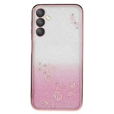 KADEM For Samsung Galaxy A24 4G (162.1 x 77.6 x 8.3mm) Flower Pattern Phone Case Rhinestone Decor Gradient Glitter TPU Cover - Rose Gold