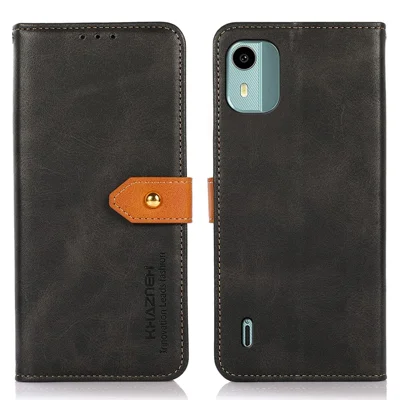 Capa em Pele KHAZNEH para Nokia C12 4G / C12 Plus / C12 Pro, Capa Magnética com Botão Dourado, Suporte e Carteira - Preto
