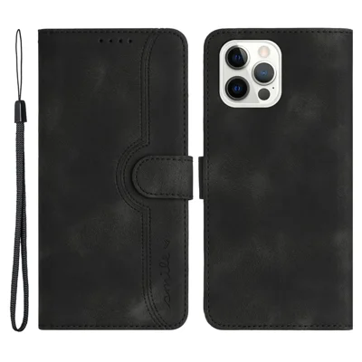 YX003 For iPhone 14 Pro Max Imprinted Smile Pattern Phone Case PU Leather Wallet Stand Cover - Black