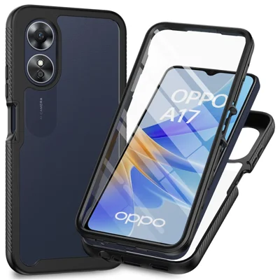 Pour Oppo A17 4G Coque de téléphone anti-choc PC+TPU Transparent Housse de protection avec Protecteur d'écran PET - Noir