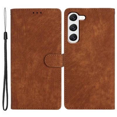 For Samsung Galaxy S23+ Leather Wallet Shell Solid Color Skin-touch Folding Stand Phone Case - Brown