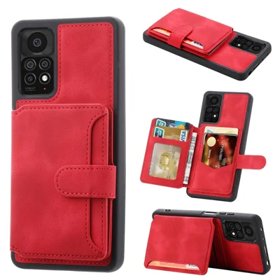For Xiaomi Redmi Note 11 4G (Qualcomm) / Note 11S 4G RFID Blocking Phone Case Kickstand Wallet Leather+TPU Cover - Red