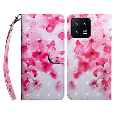 Für Xiaomi 13 5G PU-Leder-Geldbörsen-Handyhülle mit 3D-Musteraufdruck und Schlaufe - Rote Blume