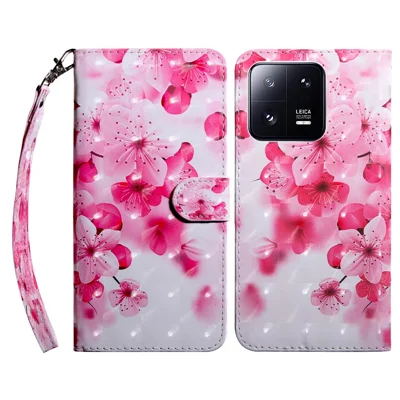 3D Patroon Print Telefoonhoesje voor Xiaomi 13 Pro 5G PU Leren Portemonnee Cover Anti-val Hoesje met Bandje - Rode Bloem
