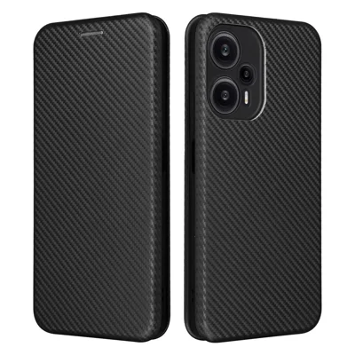 Capa de Couro com Textura em Fibra de Carbono para Xiaomi Redmi Note 12 Turbo / Poco F5 5G, Capa de Carteira com Suporte, Preto