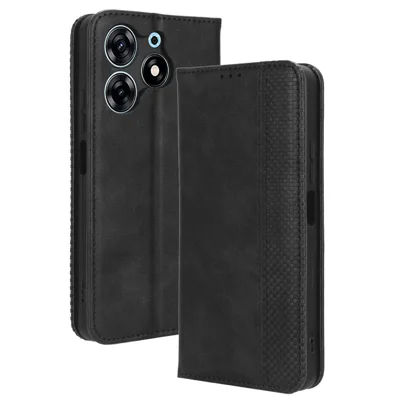 For TECNO Spark 10 Pro K17 Retro PU Leather Cover Stand Wallet Flip Folio Phone Case - Black